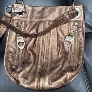 b. makowsky Metallic Bronze Crossbody Bag with silver tone hardware